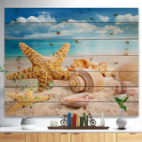 Starfish and Seashells on Beach - Seashore Photo Print on Natural Pine Wood - 20x15