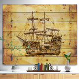Old Travelling Boat Drawing - Seashore Print on Natural Pine Wood - 20x15