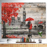 Couples Walking in London - Landscape Print on Natural Pine Wood - 20x15