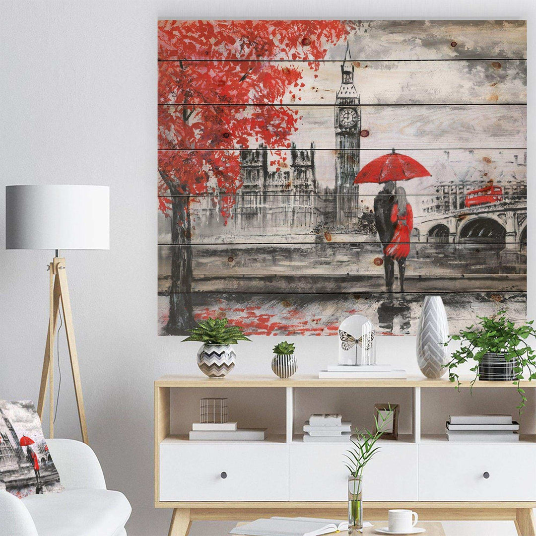 Couples Walking in London - Landscape Print on Natural Pine Wood - 20x15