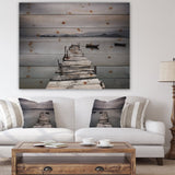 Pier and Boats at Seashore - Bridge Print on Natural Pine Wood - 20x15