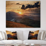 Wildflowers Meadow And Golden Sunset In Carpathian Mountains - Traditional Print on Natural Pine Wood
