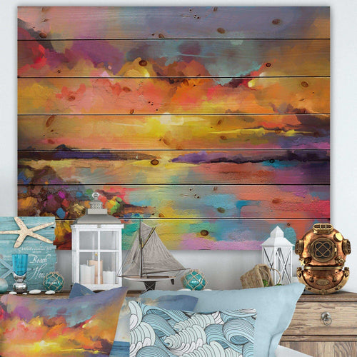 Sunset Painting With Colorful Reflections I - Modern Print on Natural Pine Wood