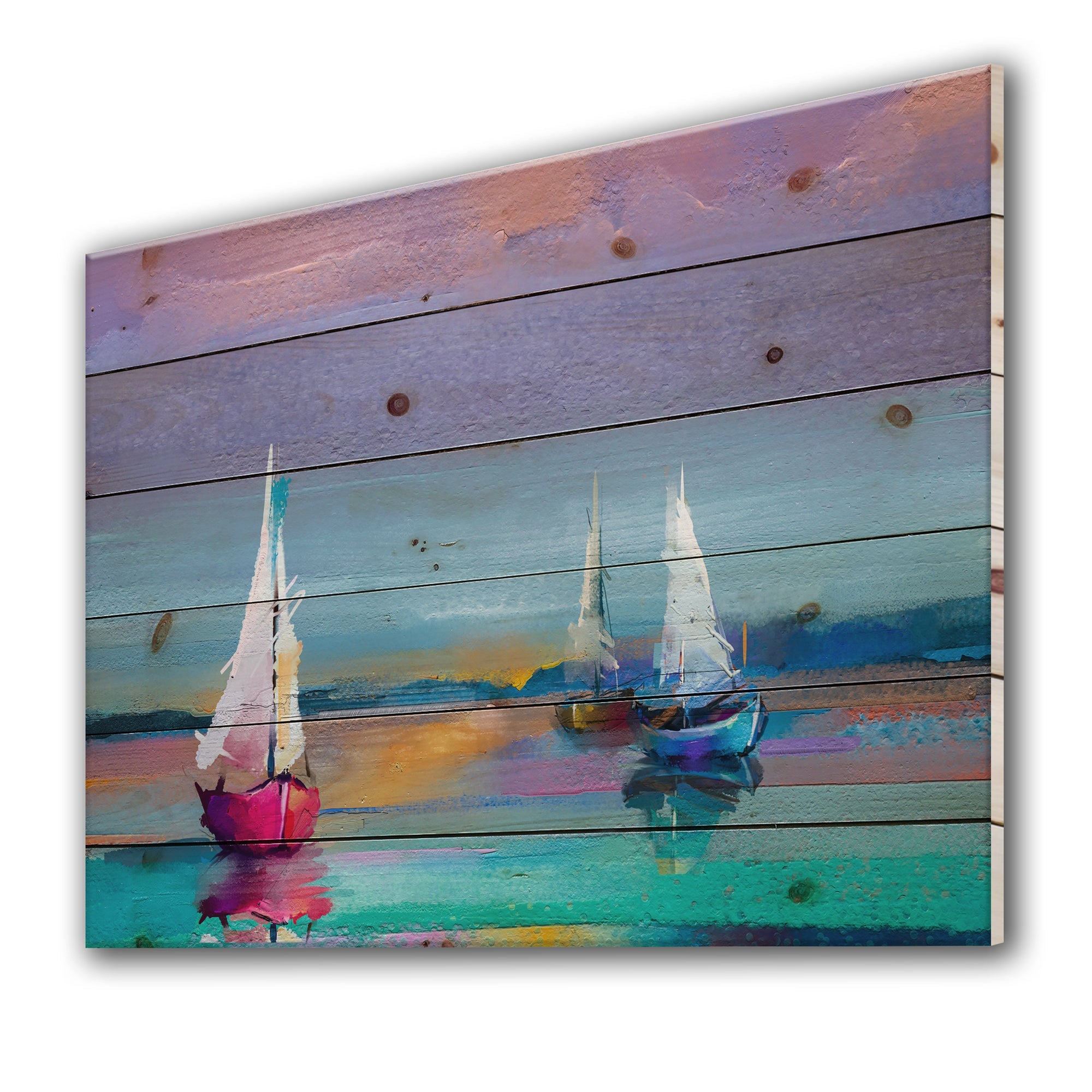 Impressionist Seascape With Little Ships I - Nautical & Coastal Print on Natural Pine Wood