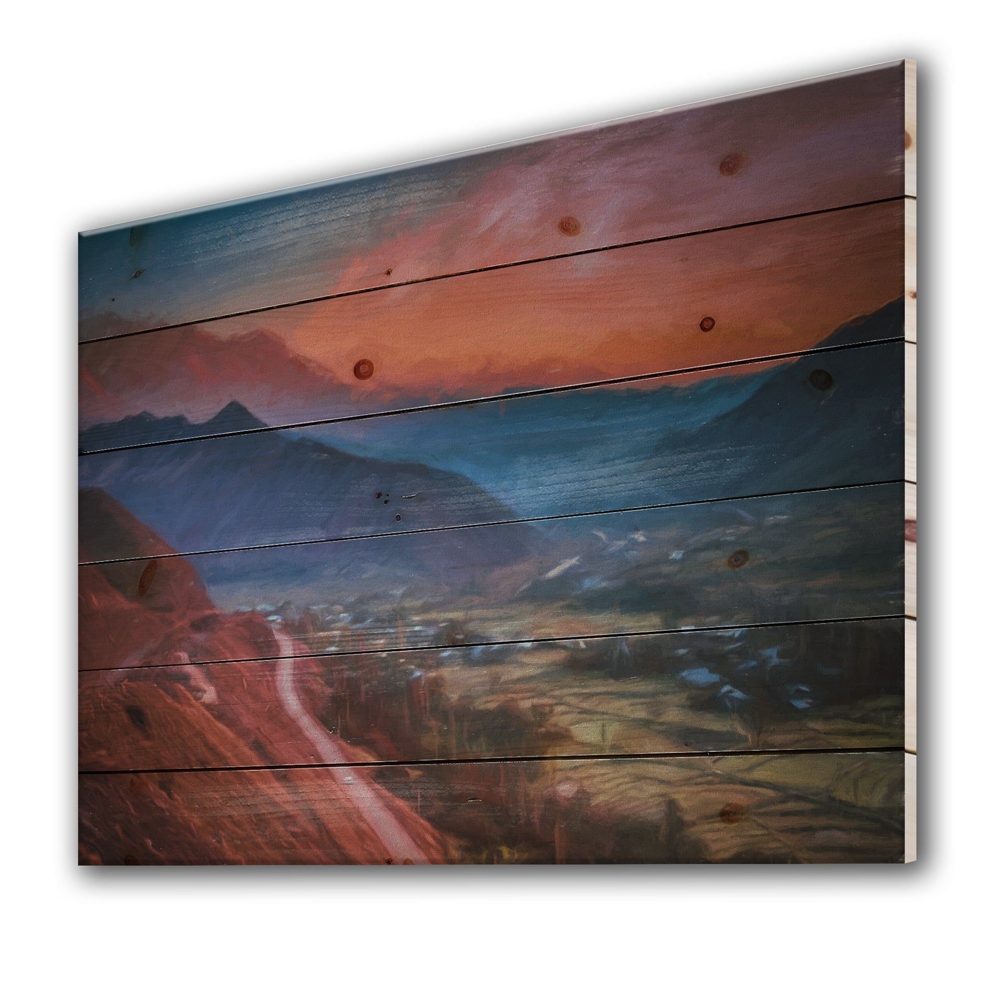 Road Through The ALamut Mountains During Evening Glow - Farmhouse Print on Natural Pine Wood