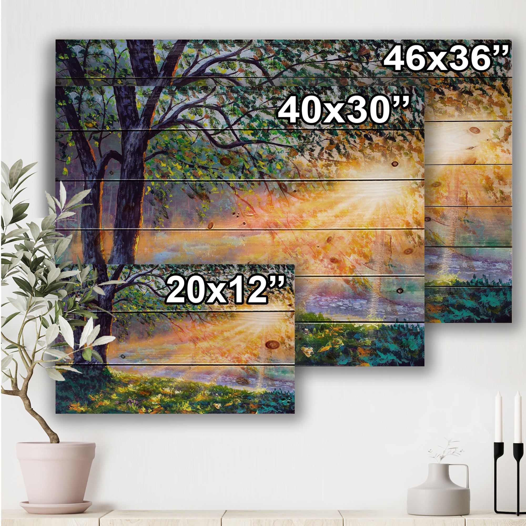 Dawn Sunshine Light By The River - Farmhouse Print on Natural Pine Wood