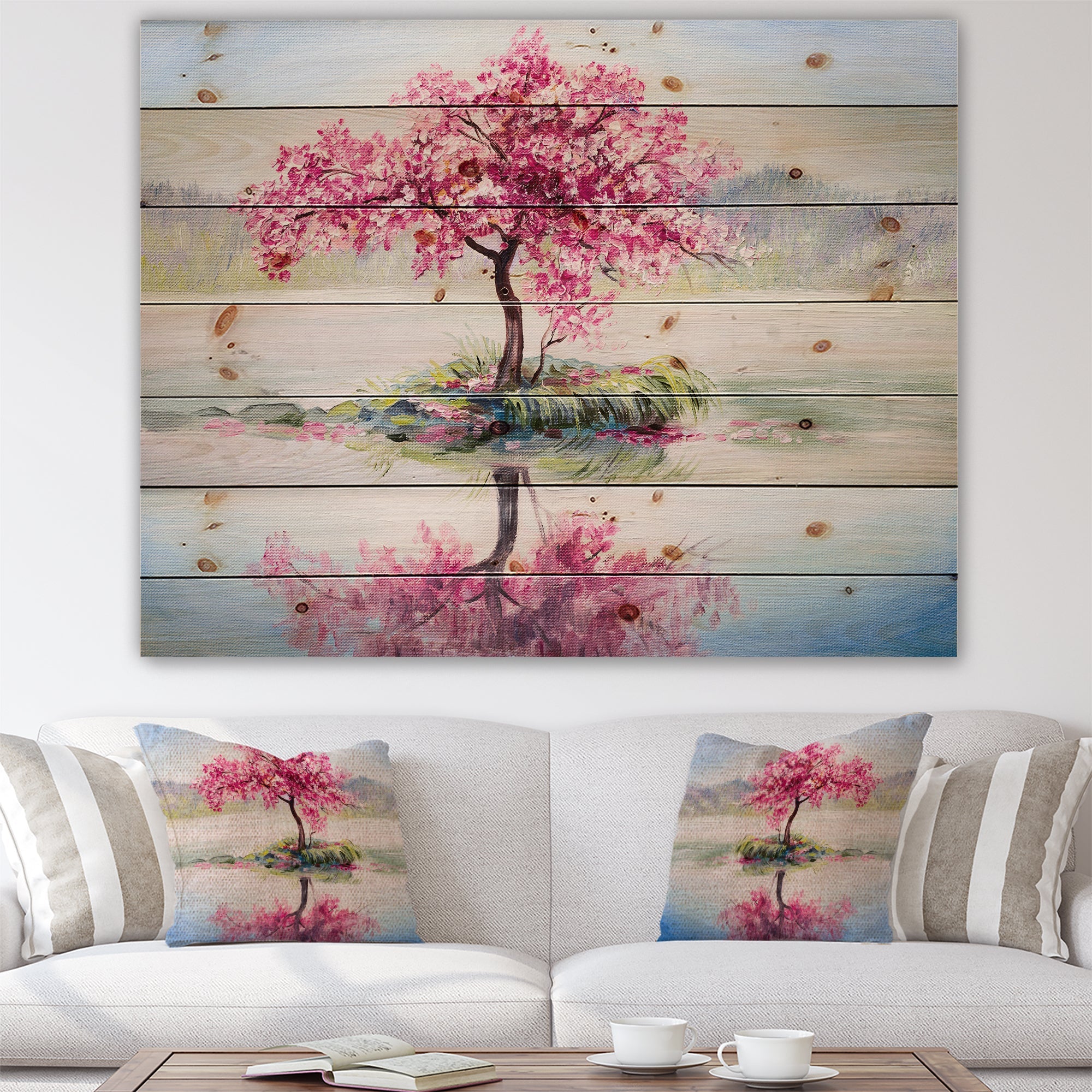 Japanese Cherry Blossom Tree On Little Idyllic IsLand - Farmhouse Print on Natural Pine Wood