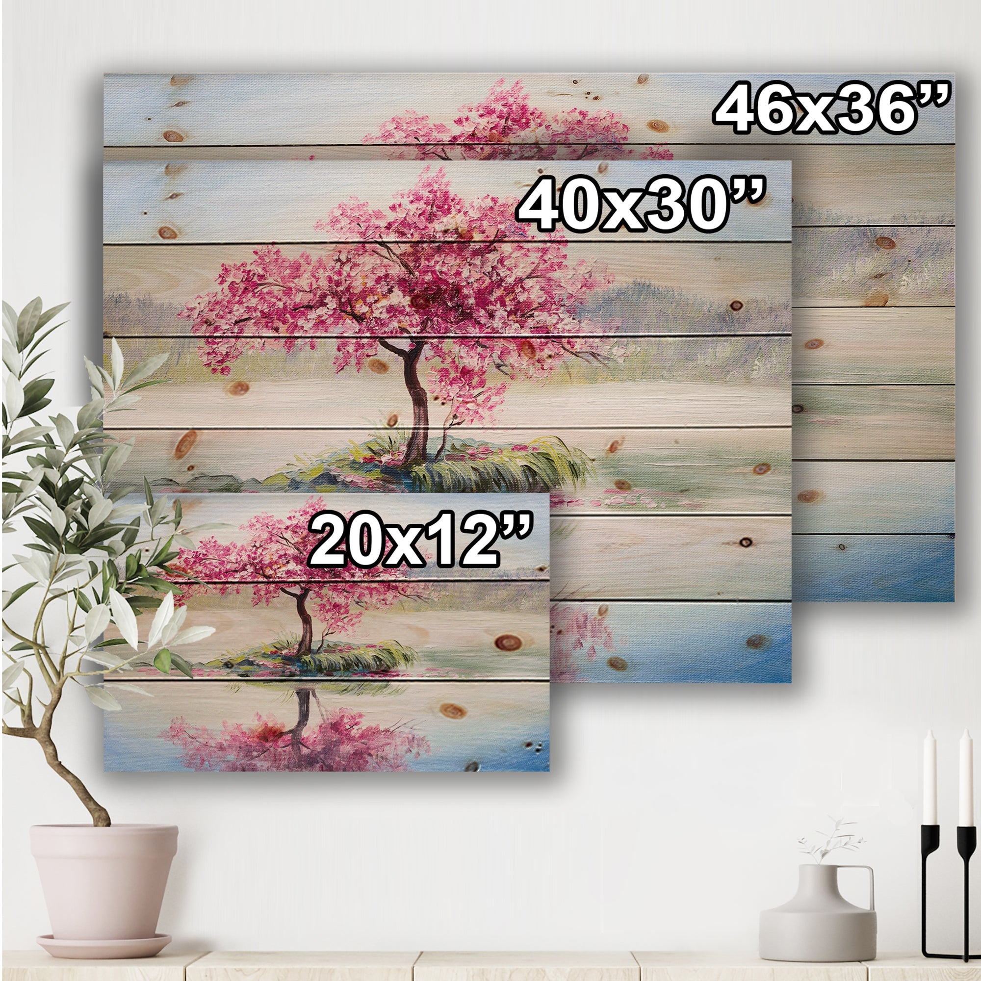 Japanese Cherry Blossom Tree On Little Idyllic IsLand - Farmhouse Print on Natural Pine Wood