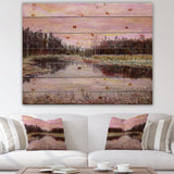 Still Life With Pink Sky River Reeds And Forest - Farmhouse Print on Natural Pine Wood