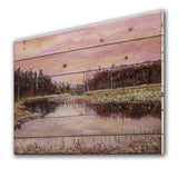 Still Life With Pink Sky River Reeds And Forest - Farmhouse Print on Natural Pine Wood