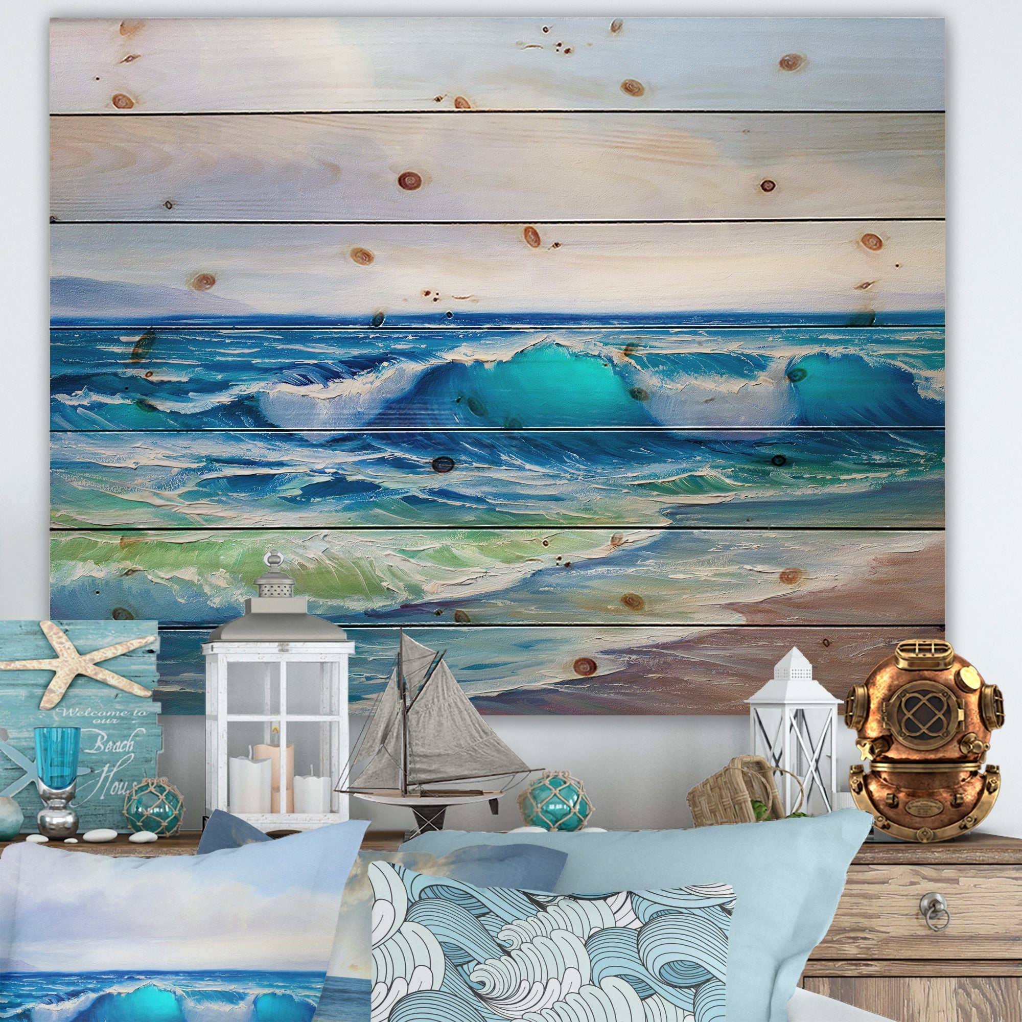 Seascape With Sunlight Catching A Wave - Nautical & Coastal Print on Natural Pine Wood