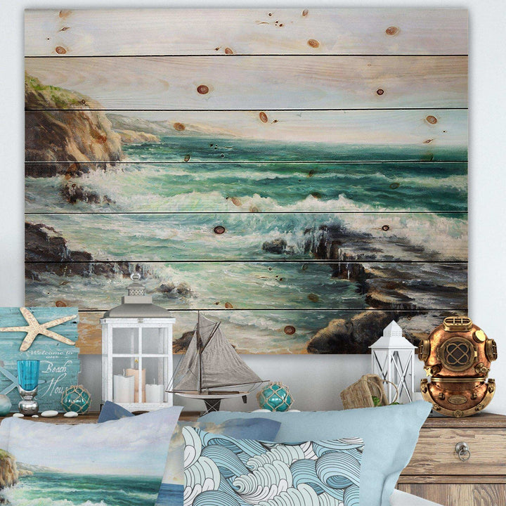 Cliff Overlooking Wild Waves Of The Ocean - Nautical &amp; Coastal Print on Natural Pine Wood