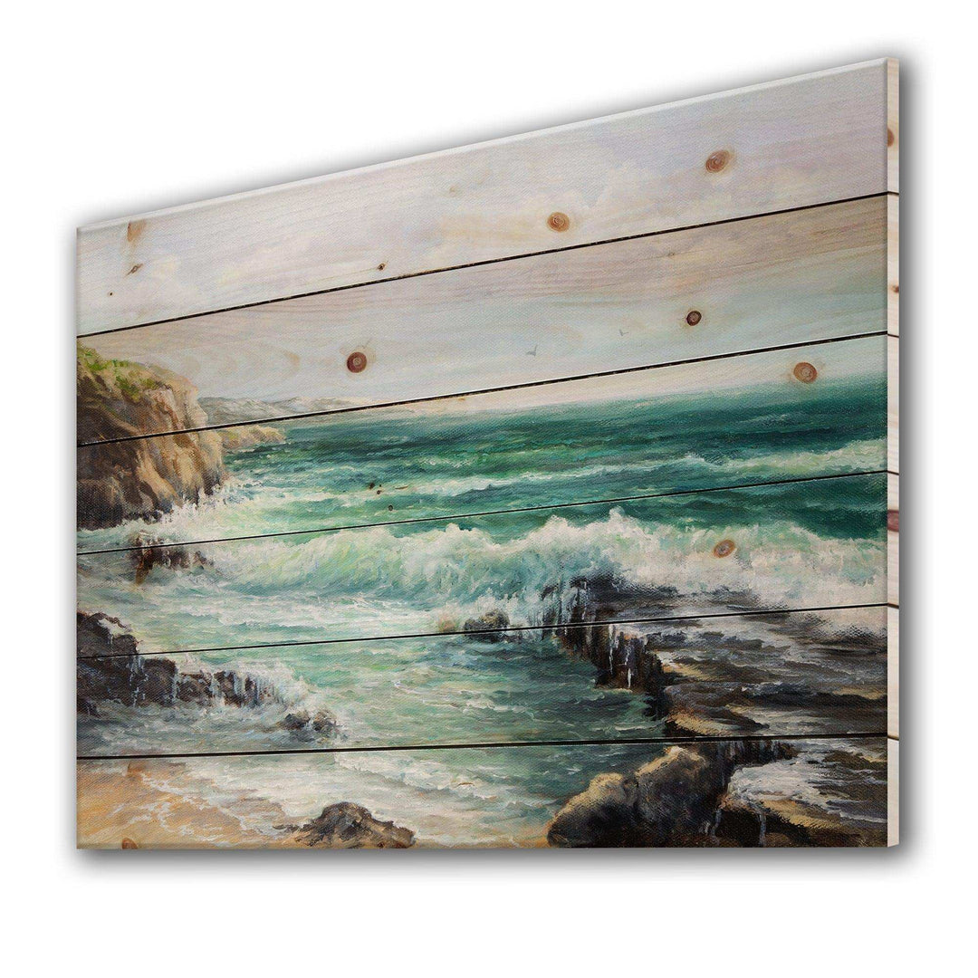 Cliff Overlooking Wild Waves Of The Ocean - Nautical &amp; Coastal Print on Natural Pine Wood
