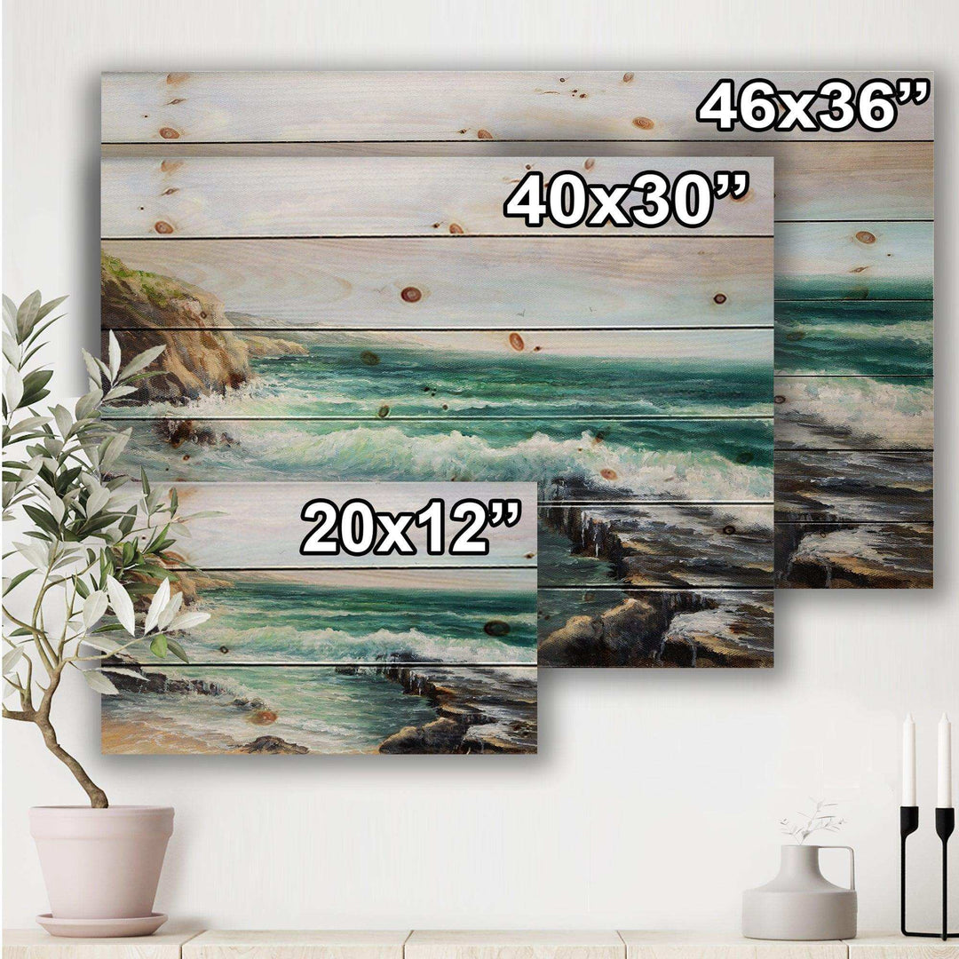 Cliff Overlooking Wild Waves Of The Ocean - Nautical &amp; Coastal Print on Natural Pine Wood