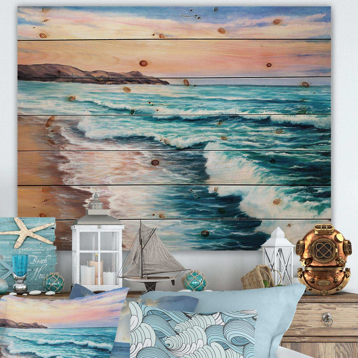 Pastel Purple Sunset Over Incoming Ocean II - Nautical &amp; Coastal Print on Natural Pine Wood