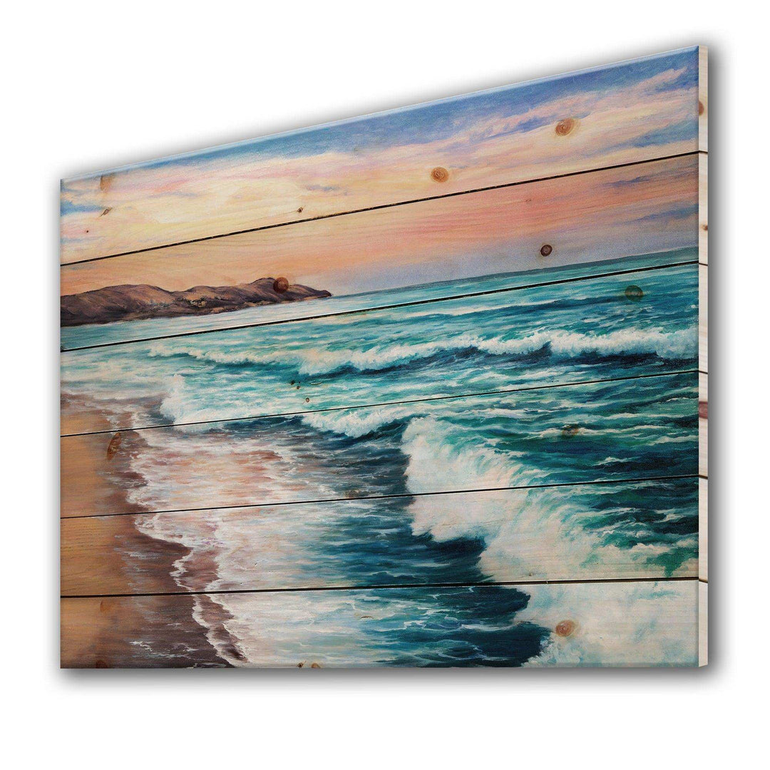 Pastel Purple Sunset Over Incoming Ocean II - Nautical &amp; Coastal Print on Natural Pine Wood