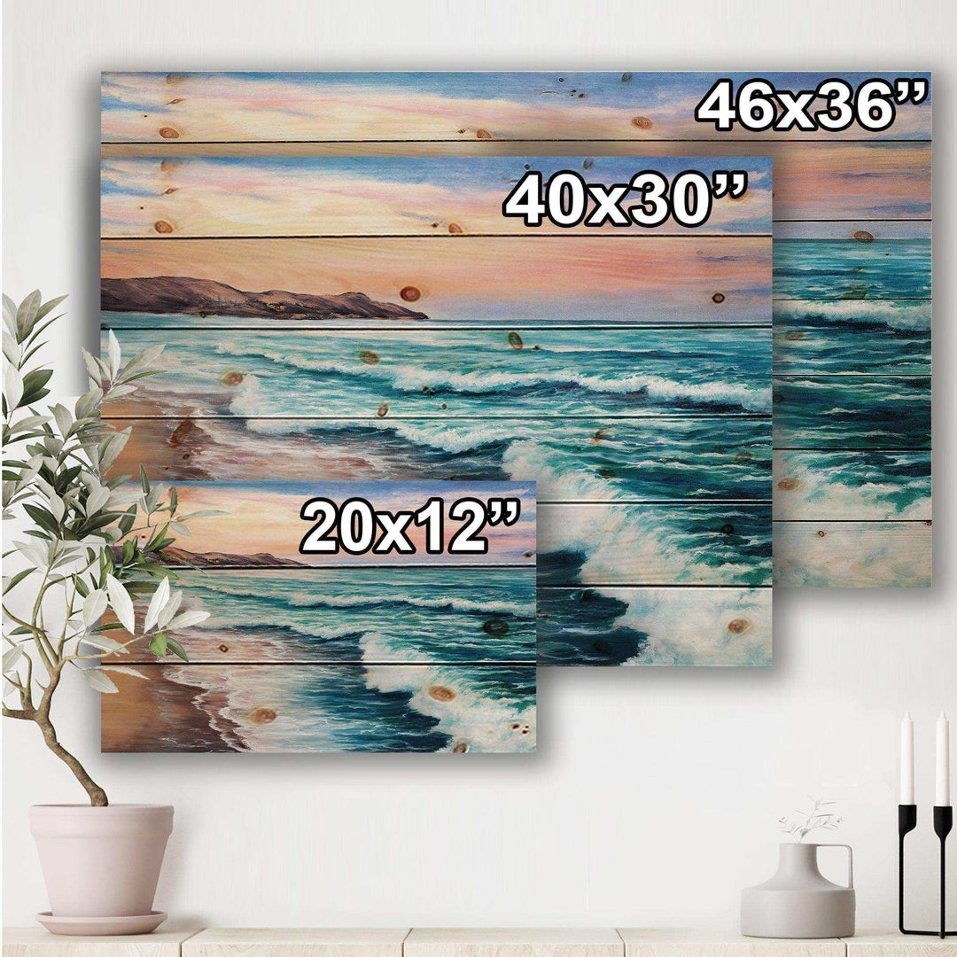 Pastel Purple Sunset Over Incoming Ocean II - Nautical &amp; Coastal Print on Natural Pine Wood