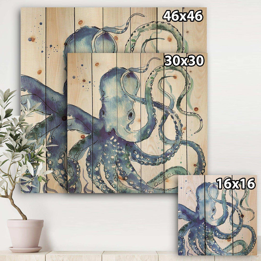 Blue Deep Sea VIII - Coastal Print on Natural Pine Wood - 16x16