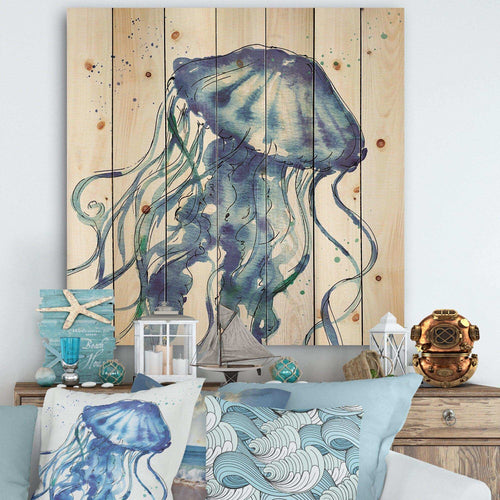 Blue Deep Sea X - Coastal Print on Natural Pine Wood - 16x16