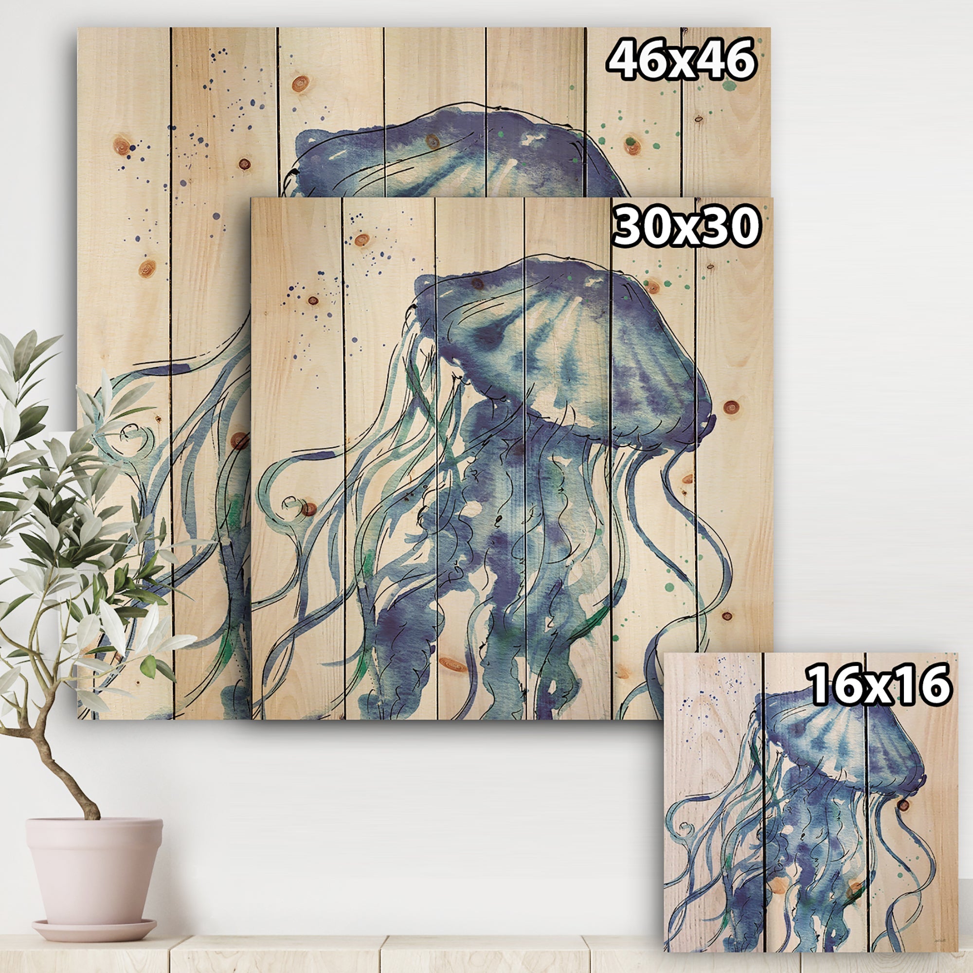 Blue Deep Sea X - Coastal Print on Natural Pine Wood - 16x16
