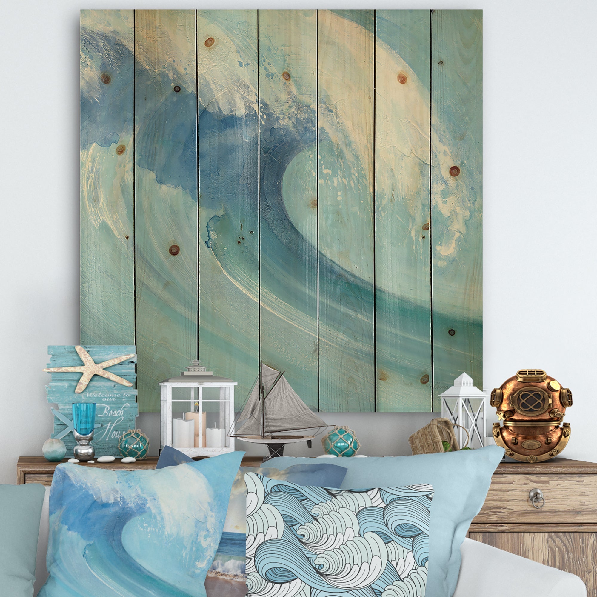 Ocean Wave Handpainted with White Foam - Nautical & Coastal Print on Natural Pine Wood - 16x16