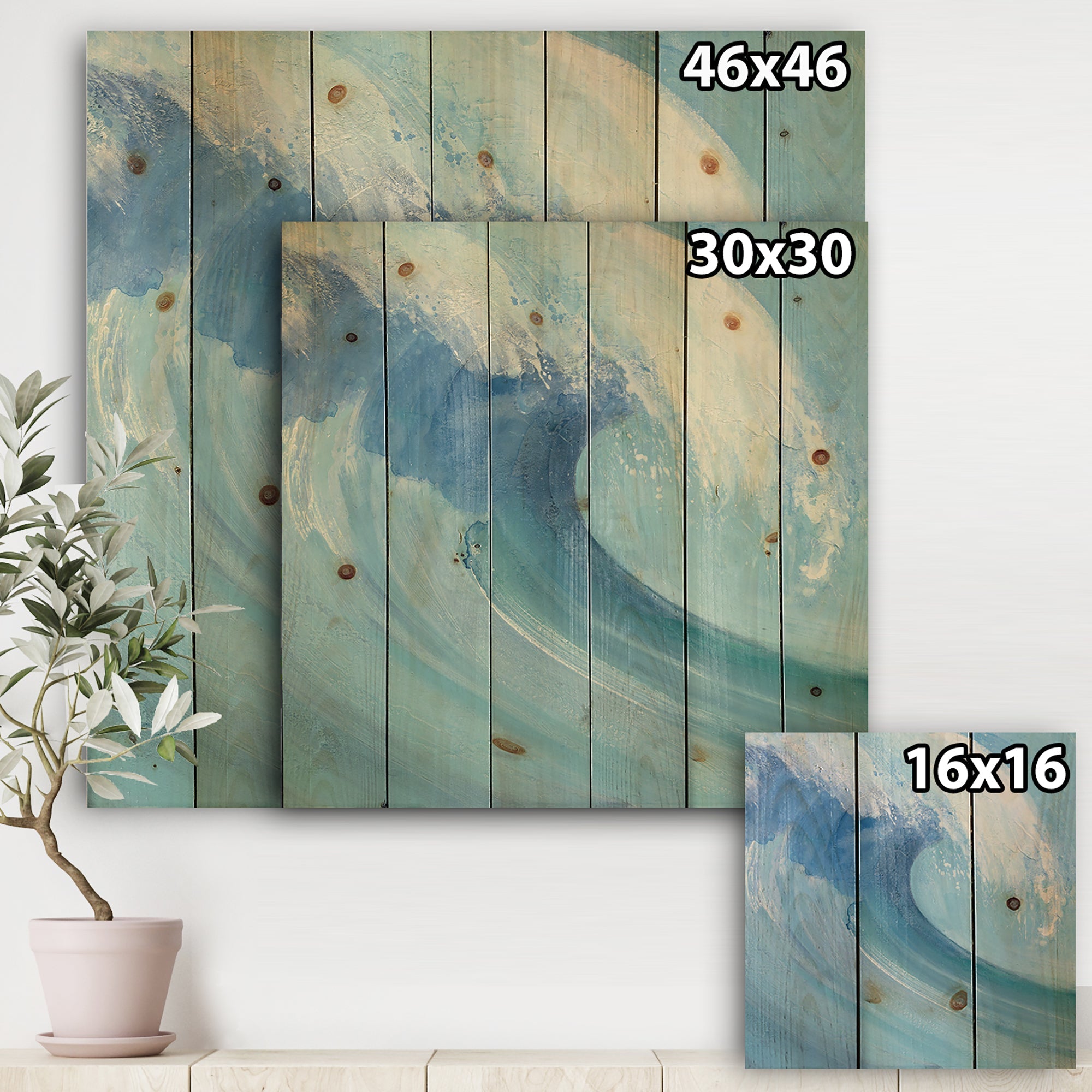 Ocean Wave Handpainted with White Foam - Nautical & Coastal Print on Natural Pine Wood - 16x16
