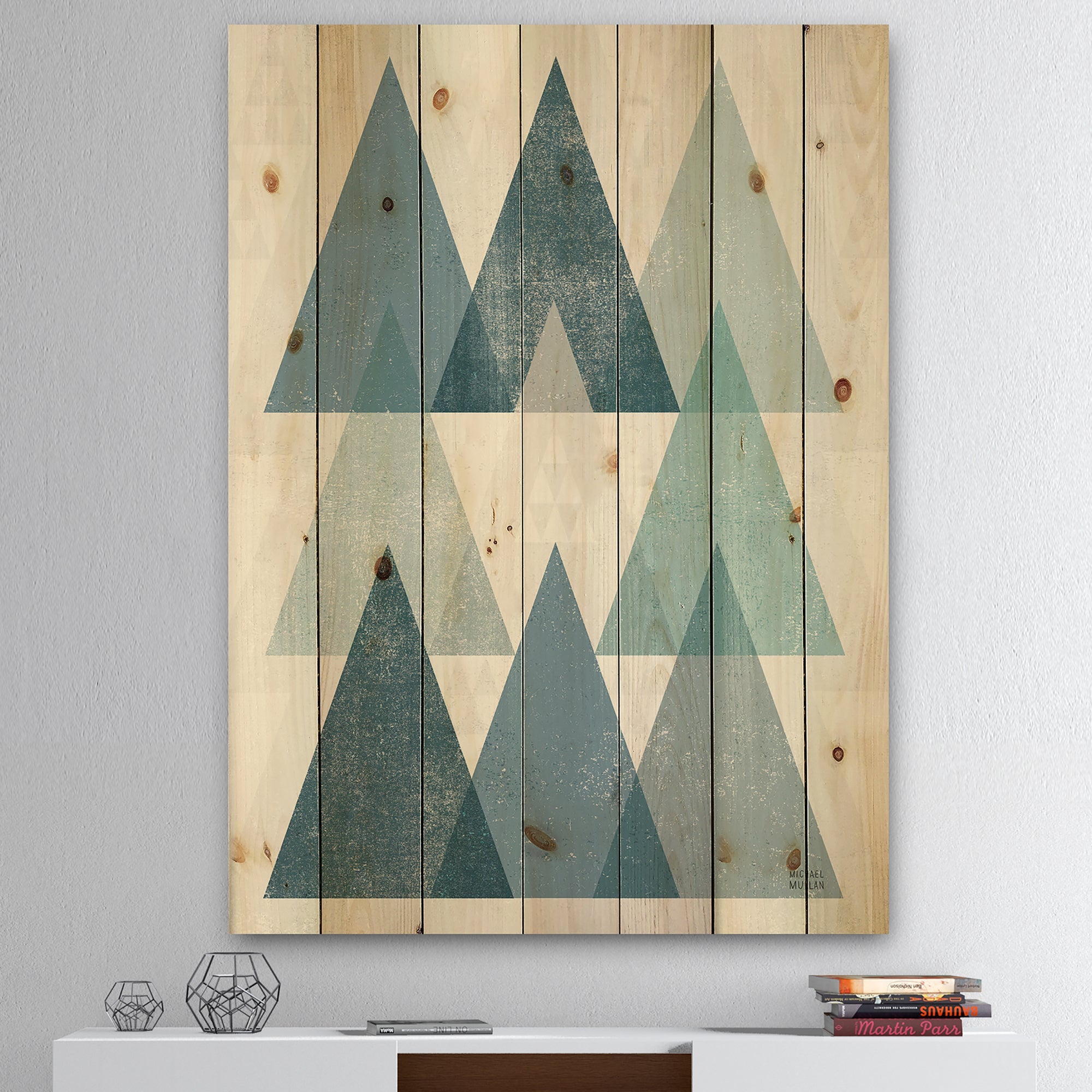 minimal Triangles IV Blue - Mid-Century Modern Print on Natural Pine Wood - 15x20