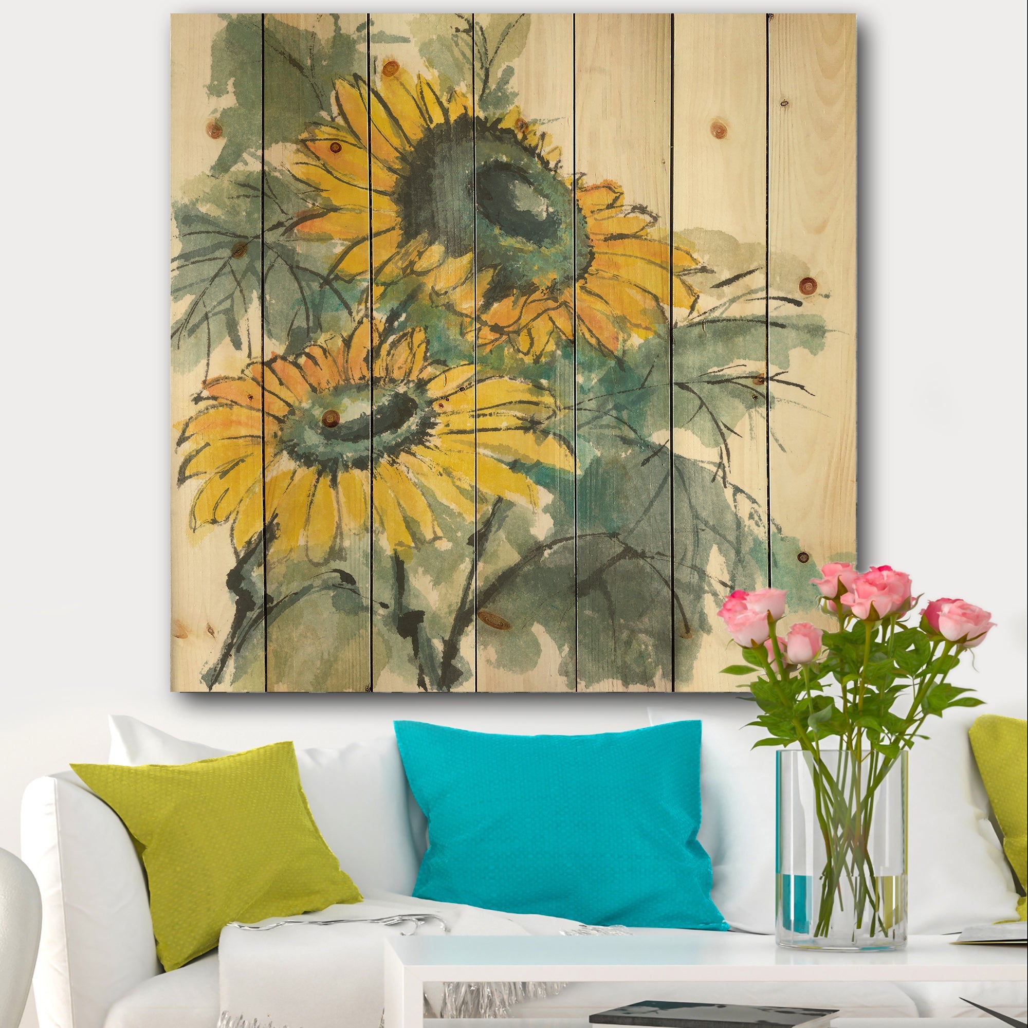 Tradionnal Sunflower I - Cabin & Lodge Print on Natural Pine Wood - 16x16