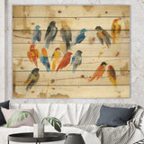 Multicolor Bird Meeting - Traditional Animal Print on Natural Pine Wood - 20x15
