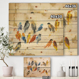 Multicolor Bird Meeting - Traditional Animal Print on Natural Pine Wood - 20x15