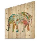 Boho Paisley Elephant II - Bohemian & Eclectic Print on Natural Pine Wood - 16x16