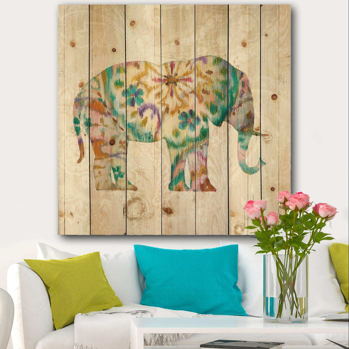 Boho Paisley Elephant I - Bohemian &amp; Eclectic Print on Natural Pine Wood - 16x16