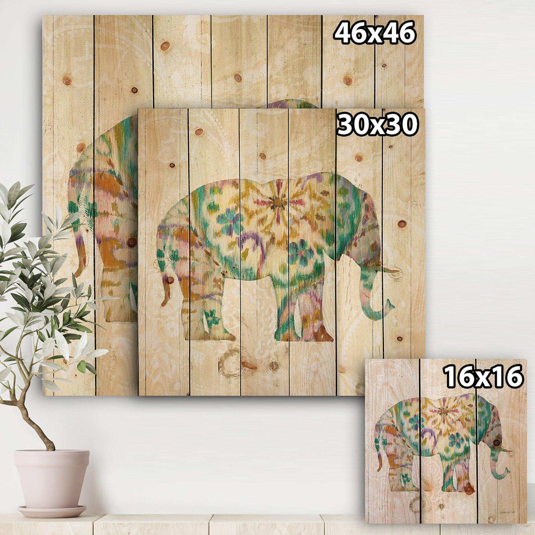 Boho Paisley Elephant I - Bohemian &amp; Eclectic Print on Natural Pine Wood - 16x16