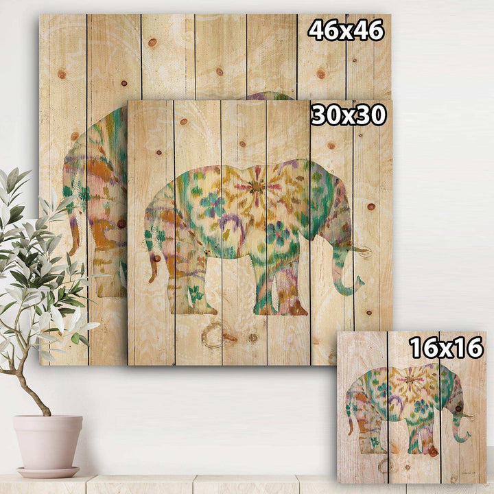 Boho Paisley Elephant I - Bohemian &amp; Eclectic Print on Natural Pine Wood - 16x16