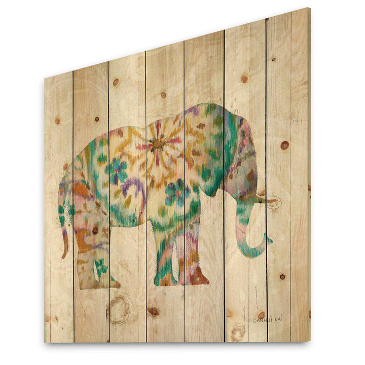 Boho Paisley Elephant I - Bohemian &amp; Eclectic Print on Natural Pine Wood - 16x16