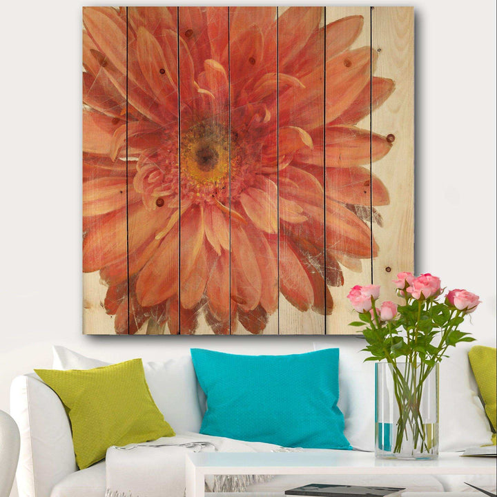 Vivid Red Daisy - Floral &amp; Botanical Print on Natural Pine Wood - 16x16