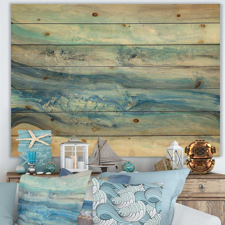 Ocean Mineral Waves - Nautical &amp; Coastal Print on Natural Pine Wood - 20x15