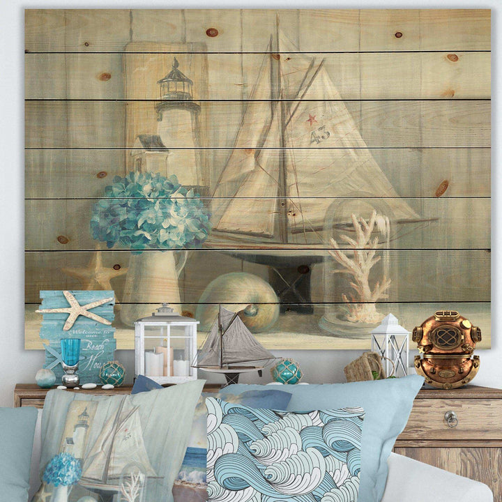 Summer Nautical House - Nautical &amp; Coastal Print on Natural Pine Wood - 20x15