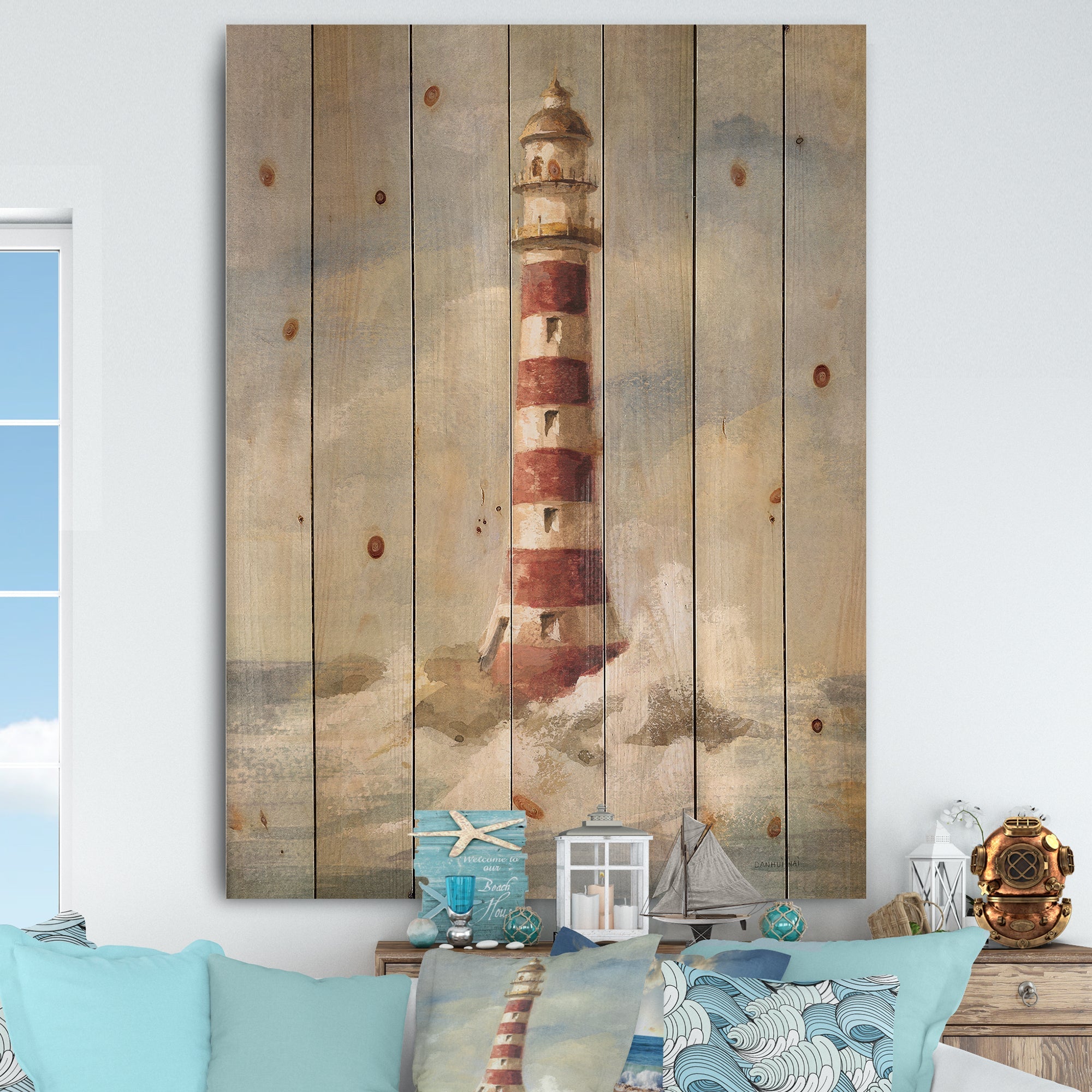 Ocean Lighthouse - Nautical & Coastal Print on Natural Pine Wood - 15x20