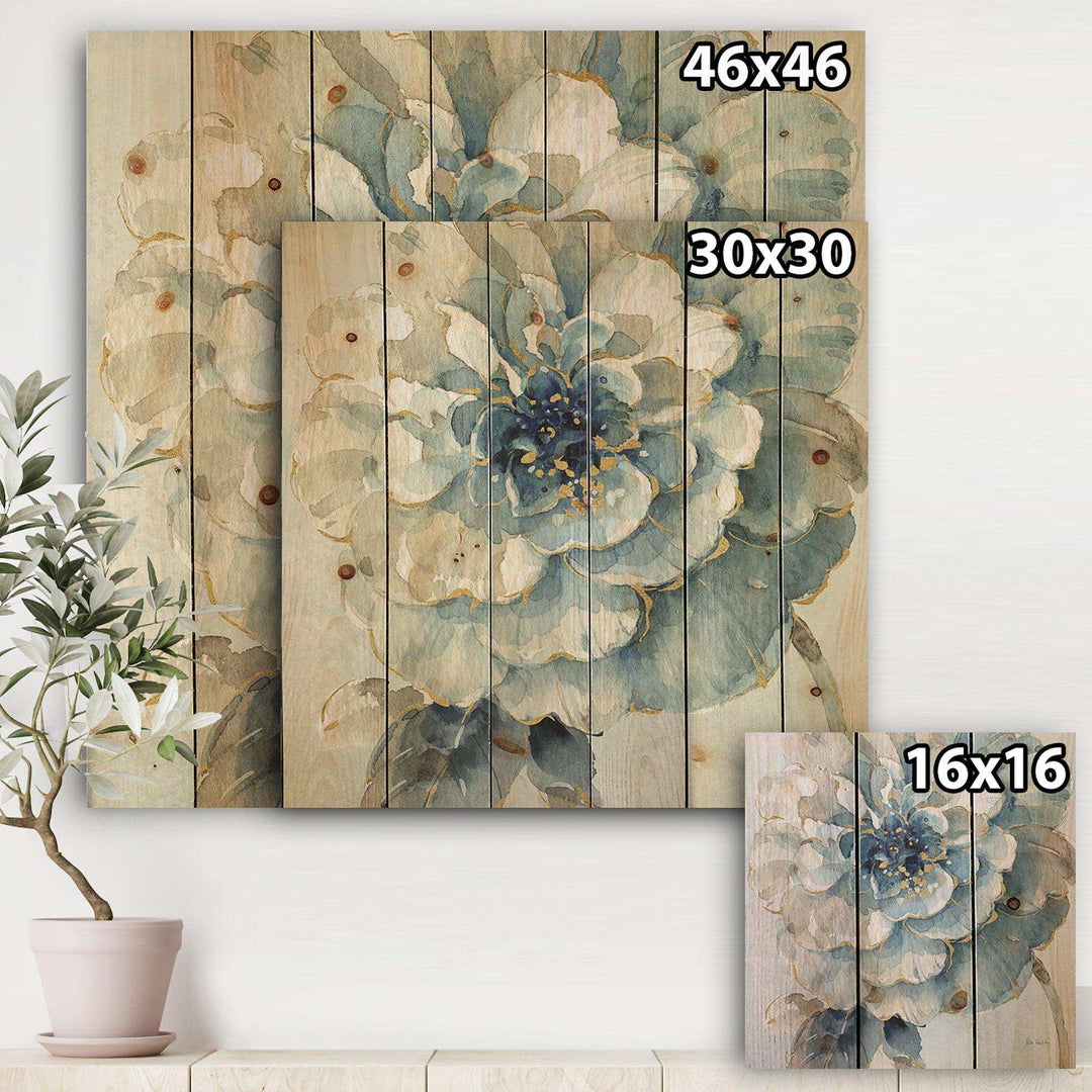 Indigold Watercolor Flower II - Farmhouse Print on Natural Pine Wood - 16x16