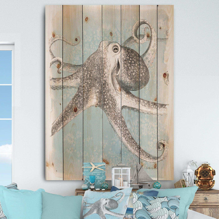 Coastal Sea Life II octopus sketches - Nautical &amp; Coastal Print on Natural Pine Wood - 15x20