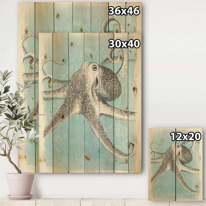 Coastal Sea Life II octopus sketches - Nautical &amp; Coastal Print on Natural Pine Wood - 15x20