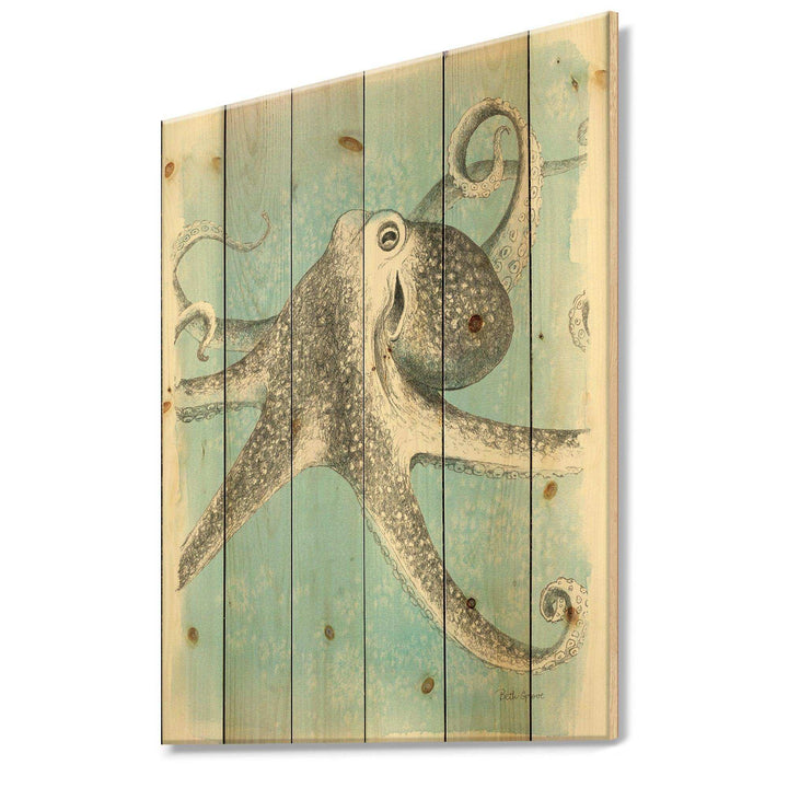 Coastal Sea Life II octopus sketches - Nautical &amp; Coastal Print on Natural Pine Wood - 15x20