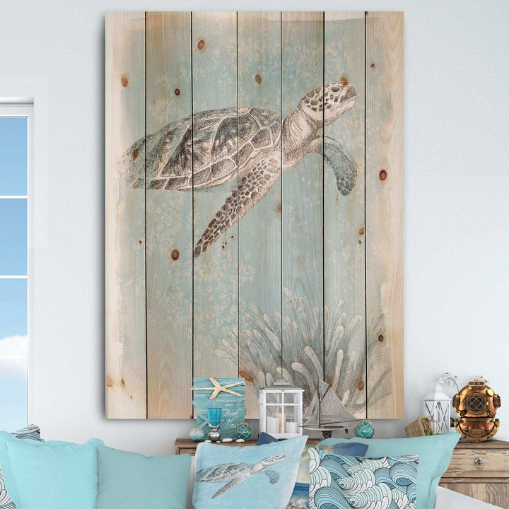Coastal Sea Life I Turtle sketches - Nautical &amp; Coastal Print on Natural Pine Wood - 15x20