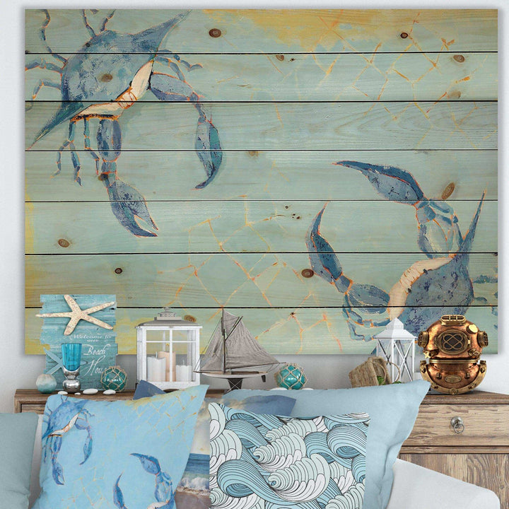 Blue Coastal crab Battle - Nautical &amp; Coastal Print on Natural Pine Wood - 20x15