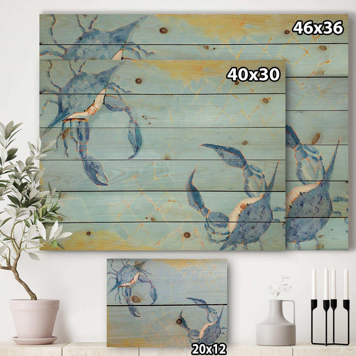 Blue Coastal crab Battle - Nautical &amp; Coastal Print on Natural Pine Wood - 20x15