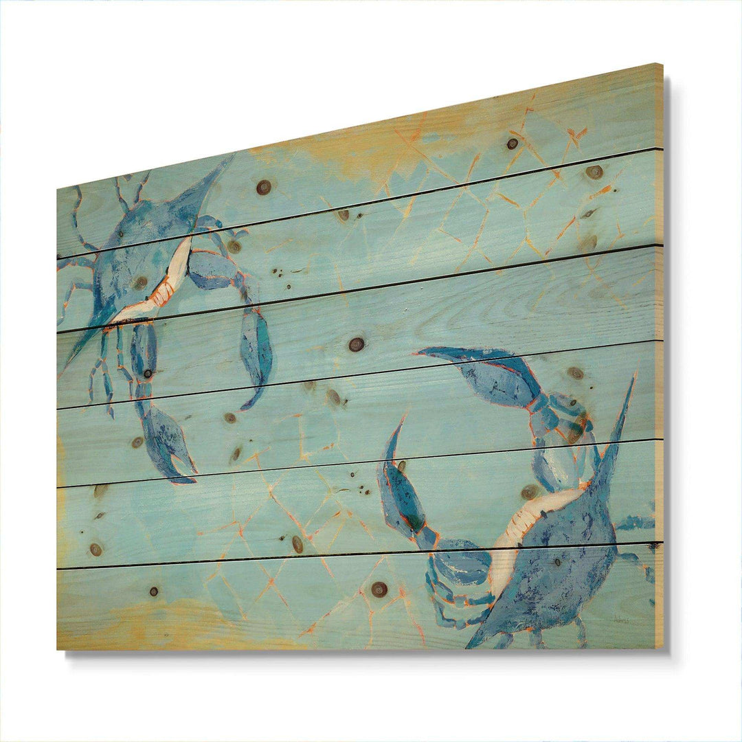 Blue Coastal crab Battle - Nautical &amp; Coastal Print on Natural Pine Wood - 20x15