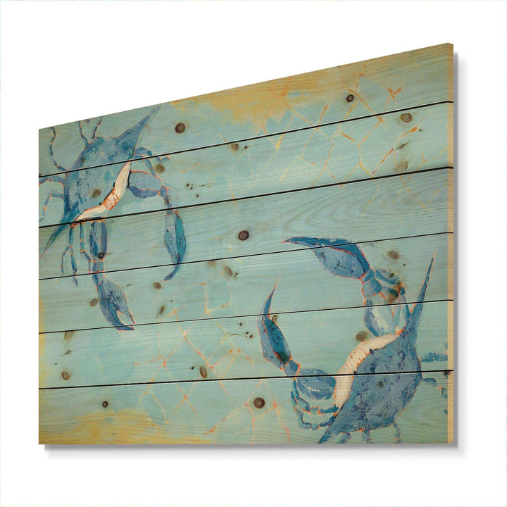 Blue Coastal crab Battle - Nautical &amp; Coastal Print on Natural Pine Wood - 20x15