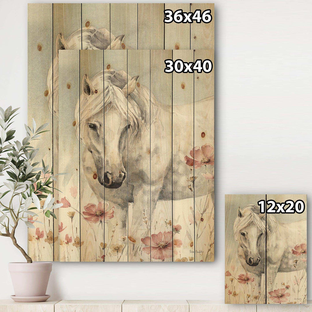 watercolors Pink Wild Horses I - Farmhouse Print on Natural Pine Wood - 15x20