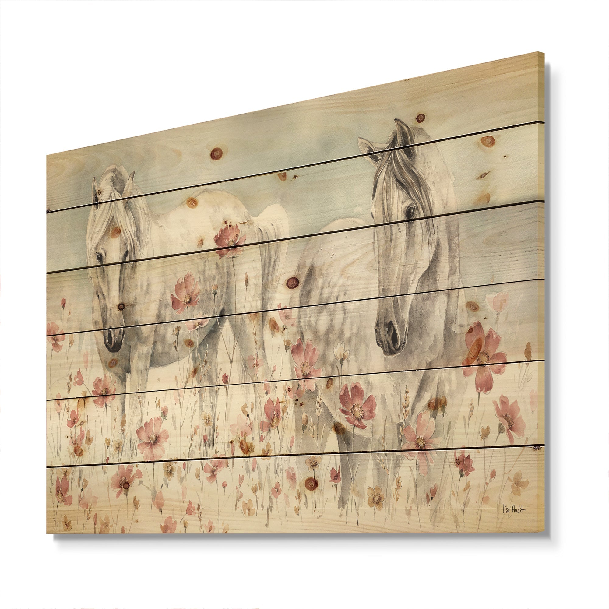 watercolors Pink Wild Horses  - Farmhouse Print on Natural Pine Wood - 20x15
